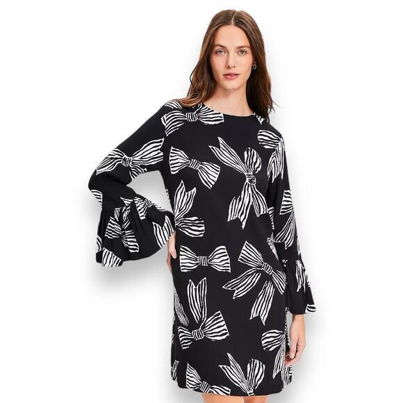 Ann Taylor LOFT NWT Women Bow Flounce Cuff Mini Dress L Black White Bell Sleeve - Picture 1 of 14